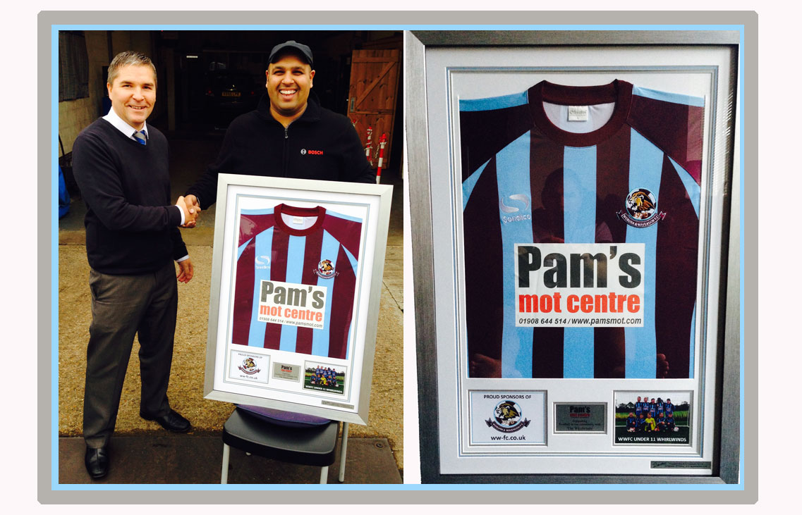 U11 Whirlwinds Manager, Gary Towers, presents Narinder owner of PAM's MOT Centre with the framed shirt